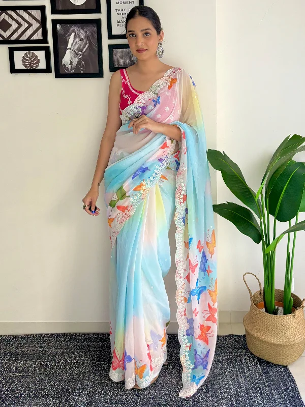 Women's Georgette Pink Embellished Designer Saree With Blouse Piece Frilled Cuff Blouse Women's Georgette Pink Embellished Designer Saree With Blouse Piece Frilled Cuff Blouse