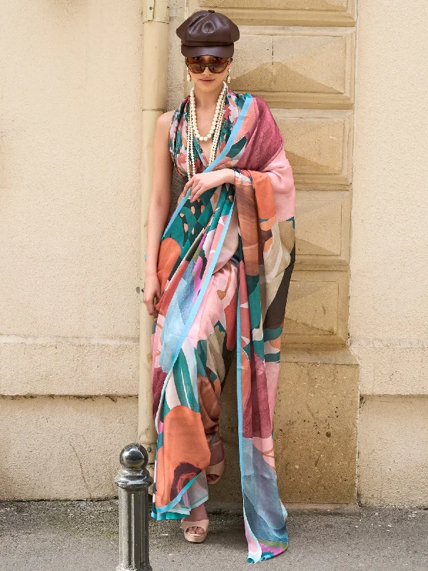 Women's Satin Silk Multicolored Printed Designer Saree With Blouse Piece Classic Striped Blouse Women's Satin Silk Multicolored Printed Designer Saree With Blouse Piece Classic Striped Blouse