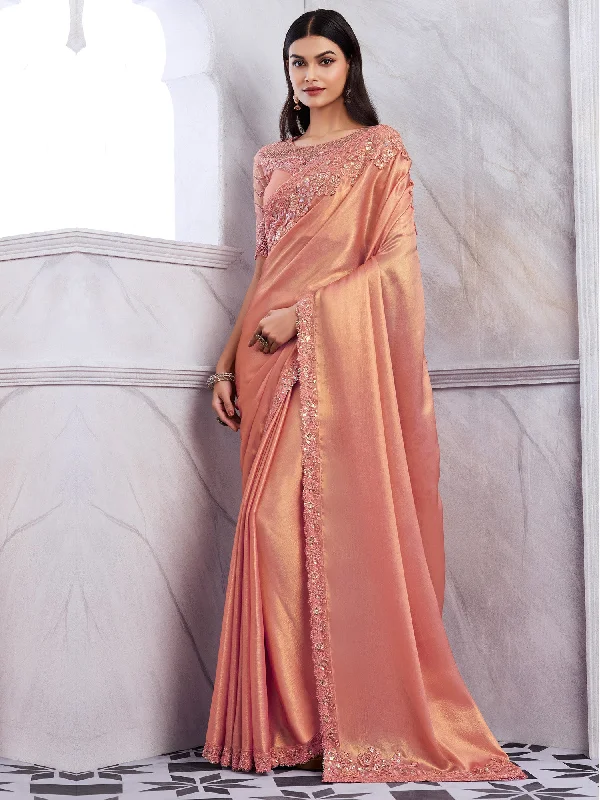 Women's Chiffon Peach Embellished Designer Saree With Blouse Piece Satin Long Blouse Women's Chiffon Peach Embellished Designer Saree With Blouse Piece Satin Long Blouse