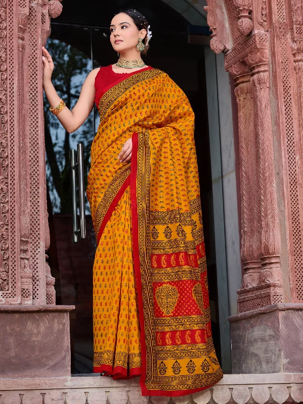 Women's Bhagalpuri Silk Mustard Printed Designer Saree With Blouse Piece Backless Summer Blouse Women's Bhagalpuri Silk Mustard Printed Designer Saree With Blouse Piece Backless Summer Blouse