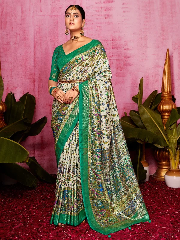 Women's Tussar Silk Cream Printed Designer Saree With Blouse Piece Double-Layered Blouse Women's Tussar Silk Cream Printed Designer Saree With Blouse Piece Double-Layered Blouse