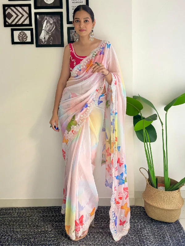 Women's Georgette Pink Embellished Designer Saree With Blouse Piece Satin Drape Blouse Women's Georgette Pink Embellished Designer Saree With Blouse Piece Satin Drape Blouse