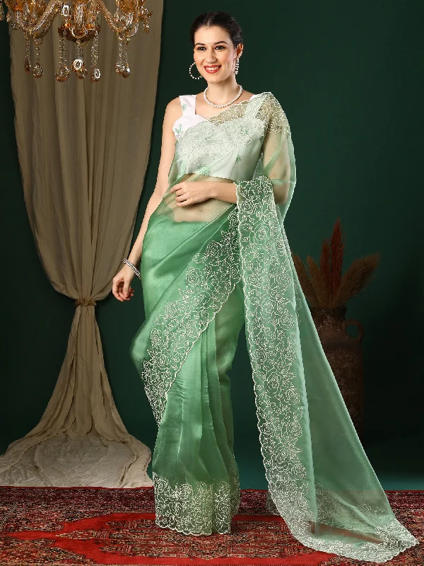 Women's Organza Light Green Embroidered Designer Saree With Blouse Piece Soft Pastel Blouse Women's Organza Light Green Embroidered Designer Saree With Blouse Piece Soft Pastel Blouse