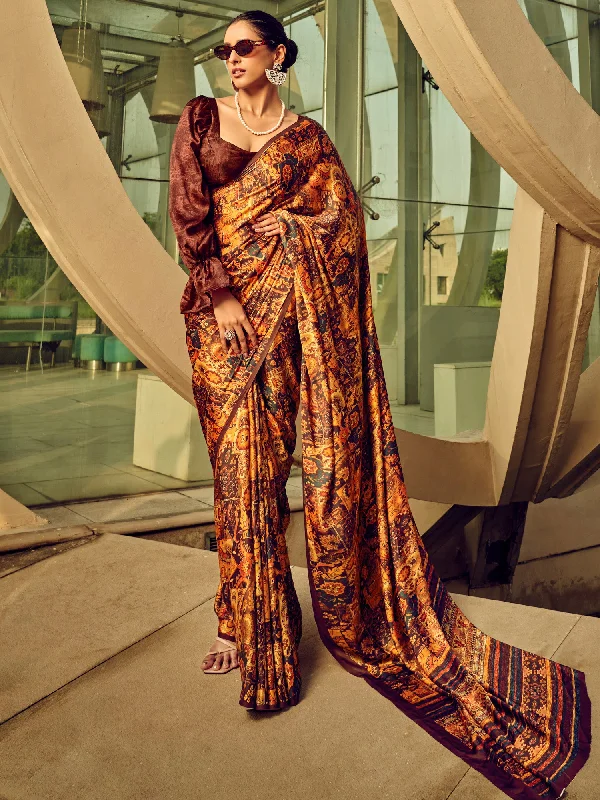 Women's Satin Silk Brown Printed Designer Saree With Blouse Piece Short Sleeve Blouse Women's Satin Silk Brown Printed Designer Saree With Blouse Piece Short Sleeve Blouse