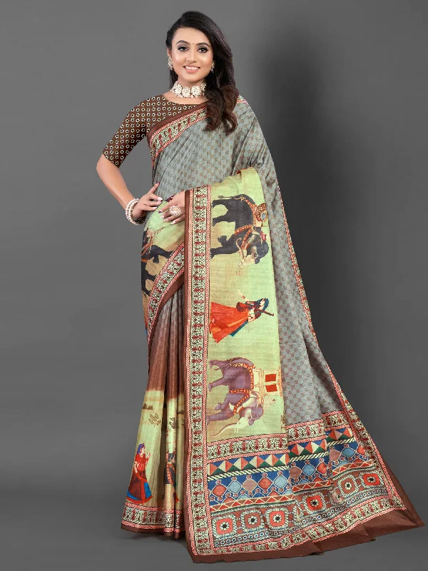 Women's Silk Blend Grey Printed Designer Saree With Blouse Piece Elegant Embroidery Blouse Women's Silk Blend Grey Printed Designer Saree With Blouse Piece Elegant Embroidery Blouse