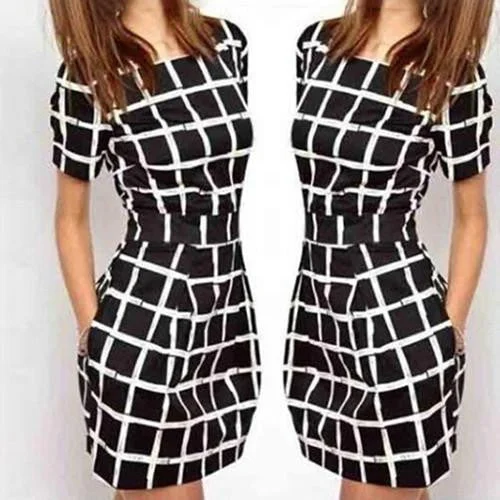 Women Short Sleeve Plaid Slim Bodycon Casual Pencil Black Mini Dress Comfortable Bodycon Mini Dress Women Short Sleeve Plaid Slim Bodycon Casual Pencil Black Mini Dress Comfortable Bodycon Mini Dress