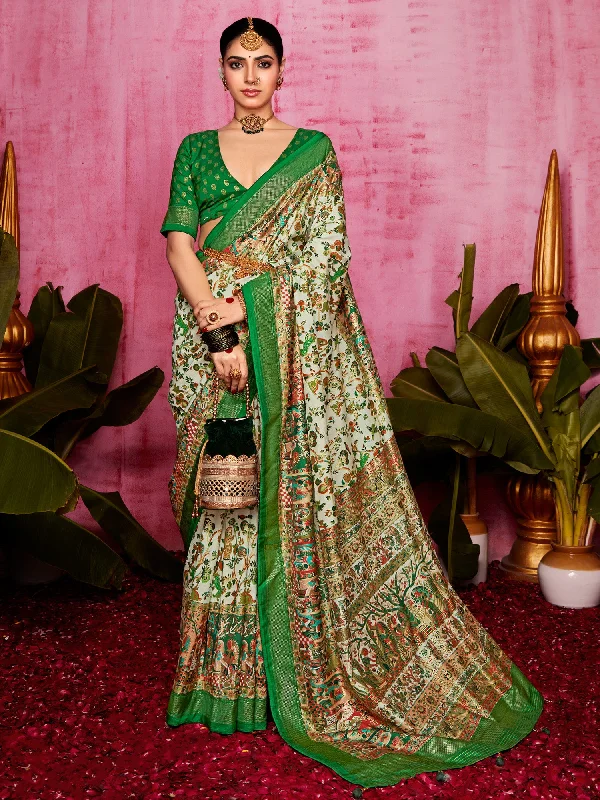 Women's Tussar Silk Cream Printed Designer Saree With Blouse Piece Flowy Bohemian Blouse Women's Tussar Silk Cream Printed Designer Saree With Blouse Piece Flowy Bohemian Blouse