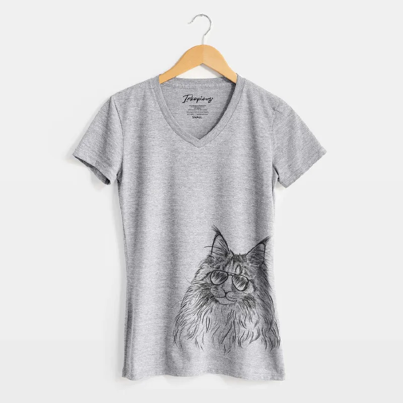 Aviator Kiki the Maine Coon Cat - Women's V-neck Shirt-- Wool Fabric Cashmere Fabric Tweed Fabric Aviator Kiki the Maine Coon Cat - Women's V-neck Shirt-- Wool Fabric Cashmere Fabric Tweed Fabric