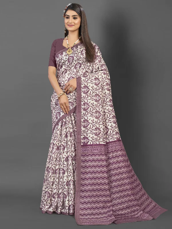 Women's Bhagalpuri Silk Off White Printed Designer Saree With Blouse Piece Boho Chic Blouse Women's Bhagalpuri Silk Off White Printed Designer Saree With Blouse Piece Boho Chic Blouse