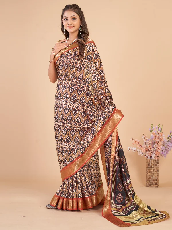 Women's Dola Silk Beige Woven Design Designer Saree With Blouse Piece Ruched Sleeve Blouse Women's Dola Silk Beige Woven Design Designer Saree With Blouse Piece Ruched Sleeve Blouse