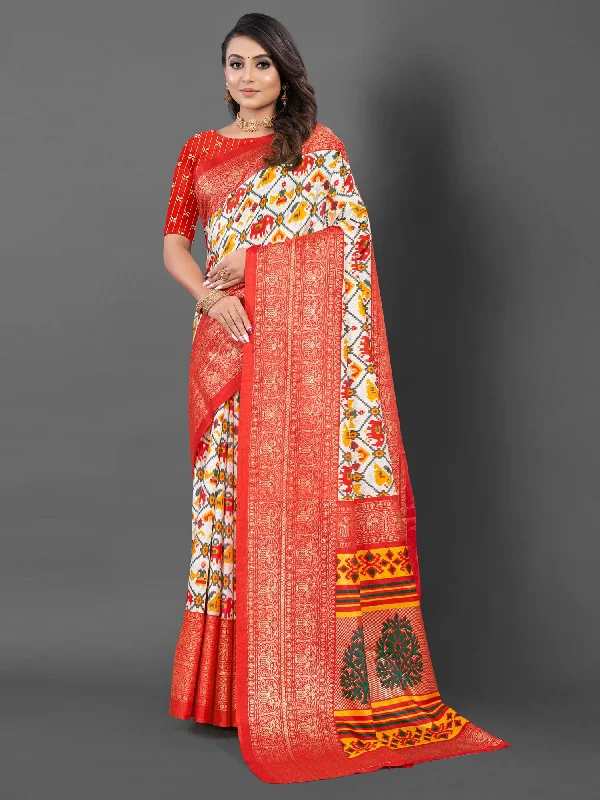 Women's Dola Silk White Printed Designer Saree With Blouse Piece Gathered Detail Blouse Women's Dola Silk White Printed Designer Saree With Blouse Piece Gathered Detail Blouse