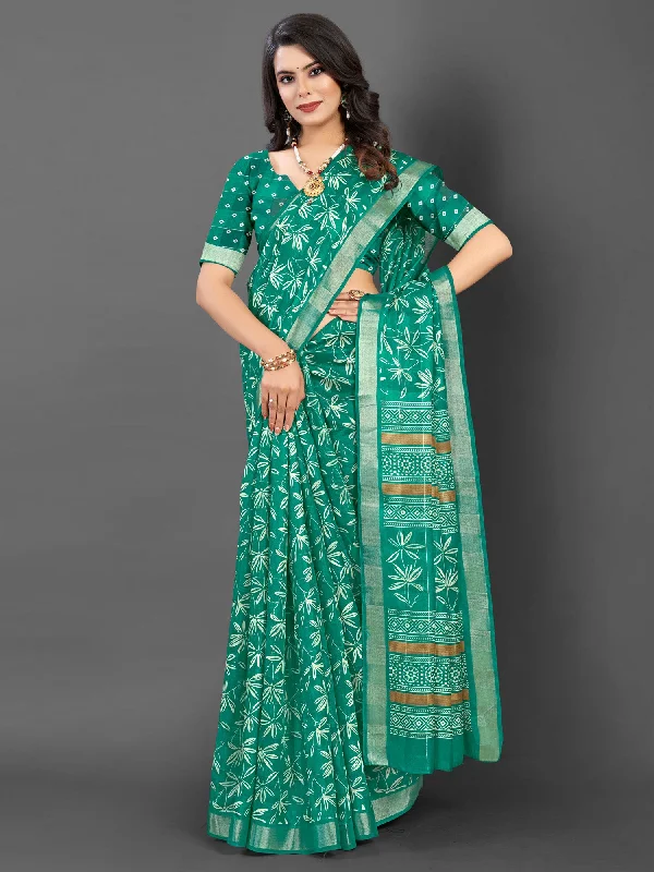 Women's Silk Blend Teal green Printed Designer Saree With Blouse Piece Wrap Front Blouse Women's Silk Blend Teal green Printed Designer Saree With Blouse Piece Wrap Front Blouse