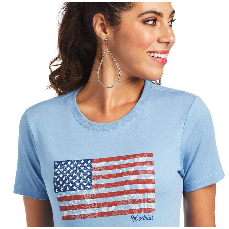 10040962 Ariat Women's Paisley Flag Short Sleeve T-Shirt - Heather Blue-- Ribbed T-Shirt High Neck Heavyweight 10040962 Ariat Women's Paisley Flag Short Sleeve T-Shirt - Heather Blue-- Ribbed T-Shirt High Neck Heavyweight