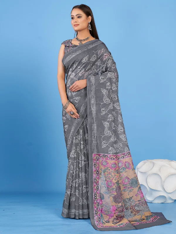 Women's Linen Blend Grey Printed Designer Saree With Blouse Piece Chic Sleeveless Blouse Women's Linen Blend Grey Printed Designer Saree With Blouse Piece Chic Sleeveless Blouse