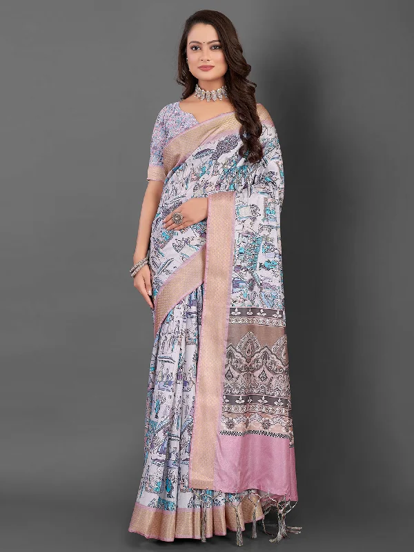 Women's Manipuri Silk Off White Printed Designer Saree With Blouse Piece Boho Printed Blouse Women's Manipuri Silk Off White Printed Designer Saree With Blouse Piece Boho Printed Blouse