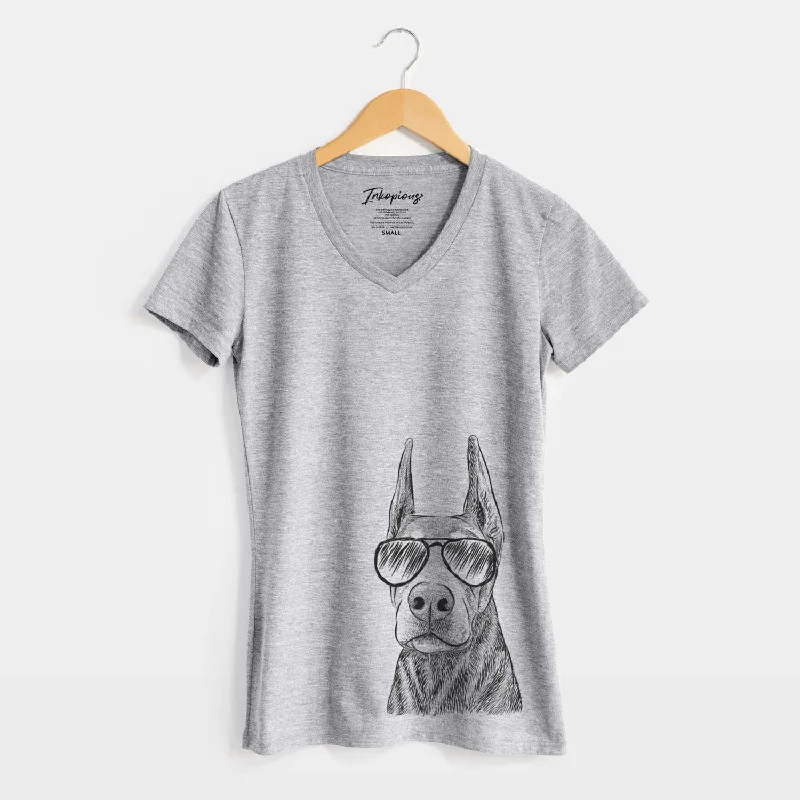 Aviator Luna the Doberman Pinscher - Women's V-neck Shirt-- Welt Pockets Slit Pockets Aviator Luna the Doberman Pinscher - Women's V-neck Shirt-- Welt Pockets Slit Pockets