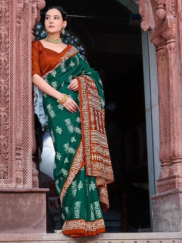 Women's Bhagalpuri Silk Dark Green Printed Designer Saree With Blouse Piece Office-Ready Blouse Women's Bhagalpuri Silk Dark Green Printed Designer Saree With Blouse Piece Office-Ready Blouse