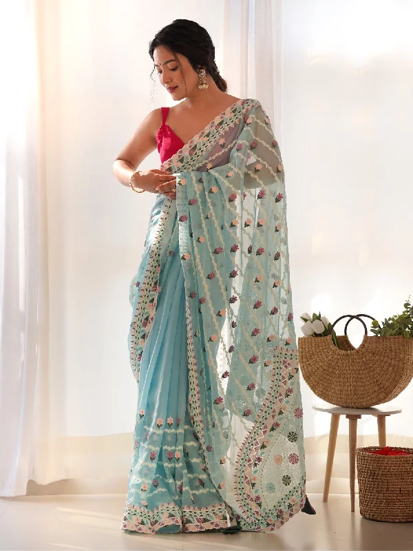 Women's Net Light Blue Embroidered Designer Saree With Blouse Piece Vintage Polka Blouse Women's Net Light Blue Embroidered Designer Saree With Blouse Piece Vintage Polka Blouse