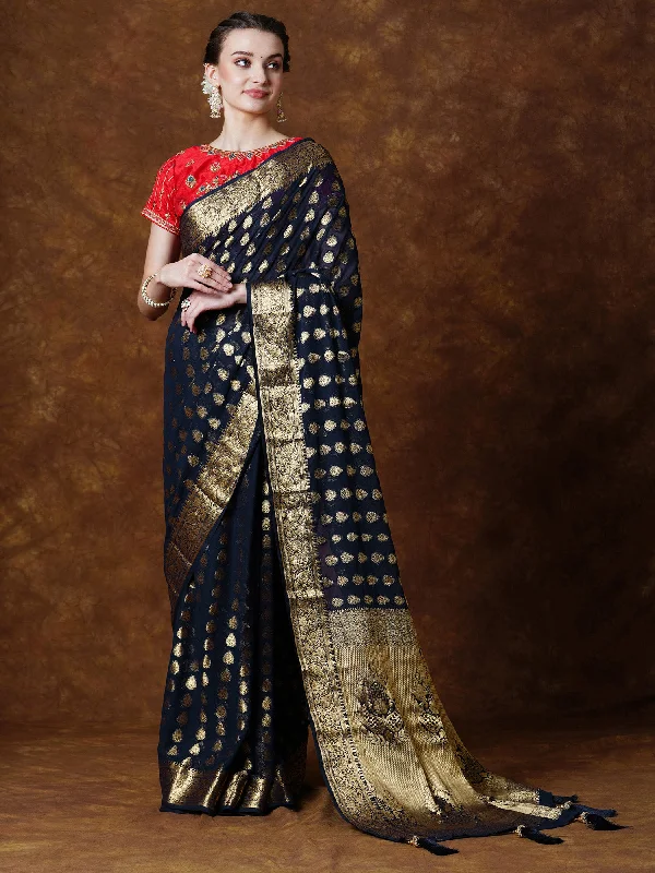 Women's Georgette Navy Blue Woven Design Designer Saree With Blouse Piece Elegant Embroidery Blouse Women's Georgette Navy Blue Woven Design Designer Saree With Blouse Piece Elegant Embroidery Blouse