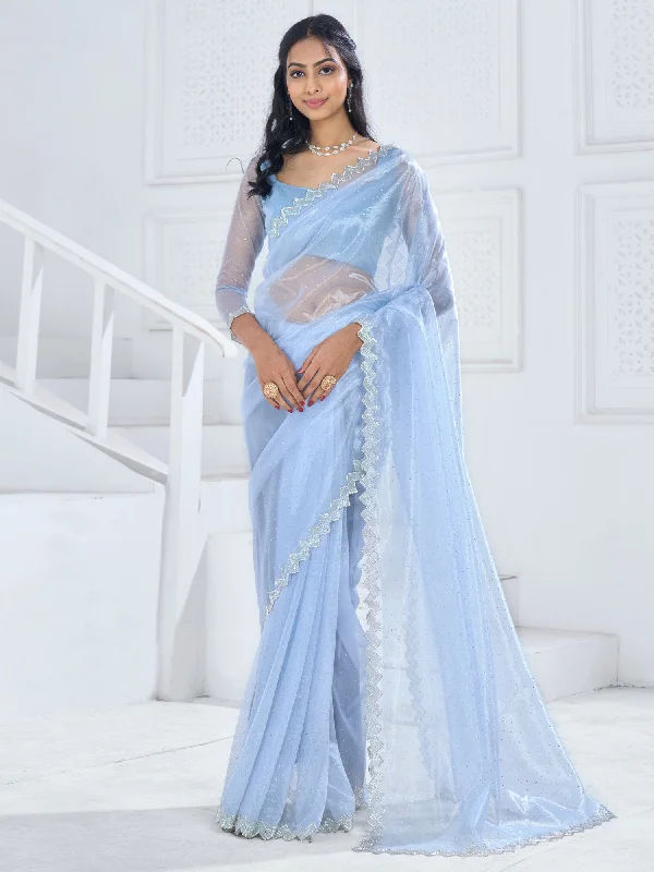 Women's Organza Light Blue Embellished Designer Saree With Blouse Piece Delicate Bow Blouse Women's Organza Light Blue Embellished Designer Saree With Blouse Piece Delicate Bow Blouse