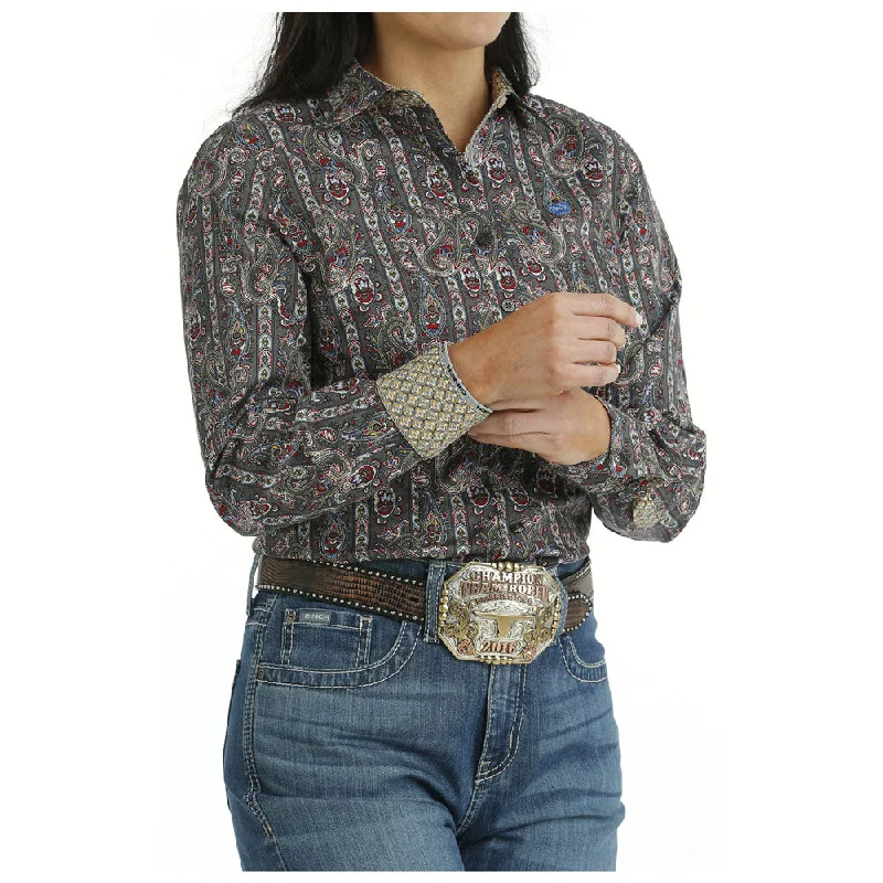MSW9165047 Cinch Women's Long Sleeve Western Button Shirt - Grey Paisley-- Welt Pockets Slit Pockets Flap Pockets MSW9165047 Cinch Women's Long Sleeve Western Button Shirt - Grey Paisley-- Welt Pockets Slit Pockets Flap Pockets