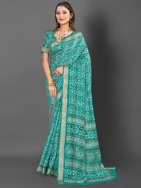 Women's Silk Blend Blue Printed Designer Saree With Blouse Piece Cotton Casual Blouse Women's Silk Blend Blue Printed Designer Saree With Blouse Piece Cotton Casual Blouse