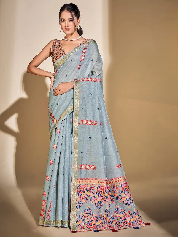 Women's Cotton Blend Light Blue Woven Design Designer Saree With Blouse Piece Flowy Bohemian Blouse Women's Cotton Blend Light Blue Woven Design Designer Saree With Blouse Piece Flowy Bohemian Blouse
