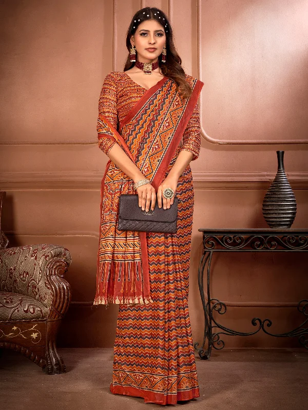 Women's Cotton Orange Printed Designer Saree With Blouse Piece Mandarin Collar Blouse Women's Cotton Orange Printed Designer Saree With Blouse Piece Mandarin Collar Blouse