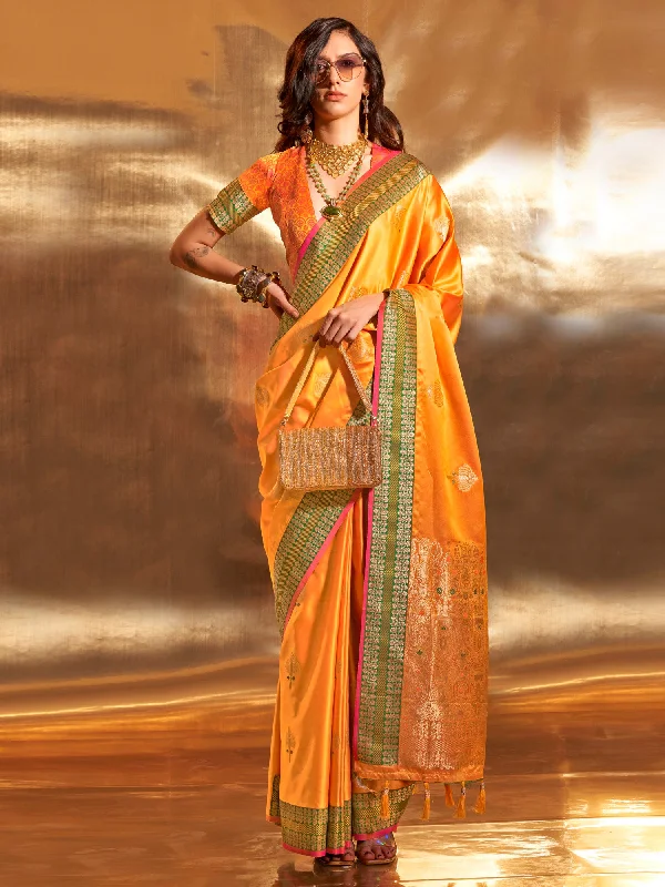 Women's Satin Silk Yellow Woven Design Designer Saree With Blouse Piece Double-Layered Blouse Women's Satin Silk Yellow Woven Design Designer Saree With Blouse Piece Double-Layered Blouse