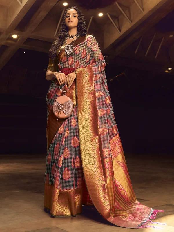 Women's Organza Grey Woven Design Designer Saree With Blouse Piece Sheer Sleeve Blouse Women's Organza Grey Woven Design Designer Saree With Blouse Piece Sheer Sleeve Blouse