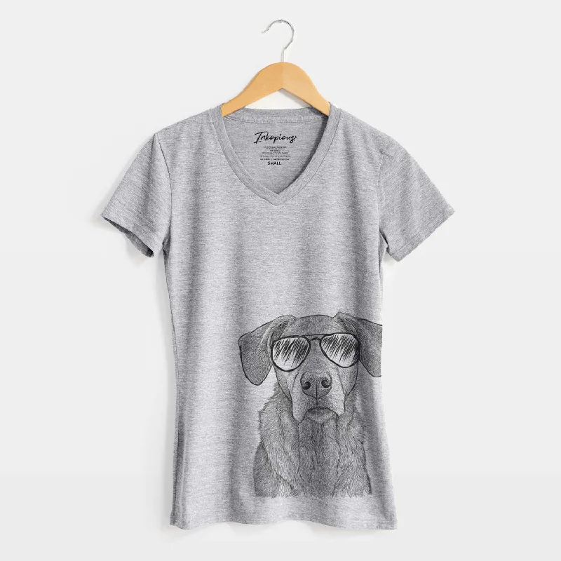 Aviator Gravy the Plott Hound Beagle Mix - Women's V-neck Shirt-- Notch Collar Peter Pan Collar Cowl Neck