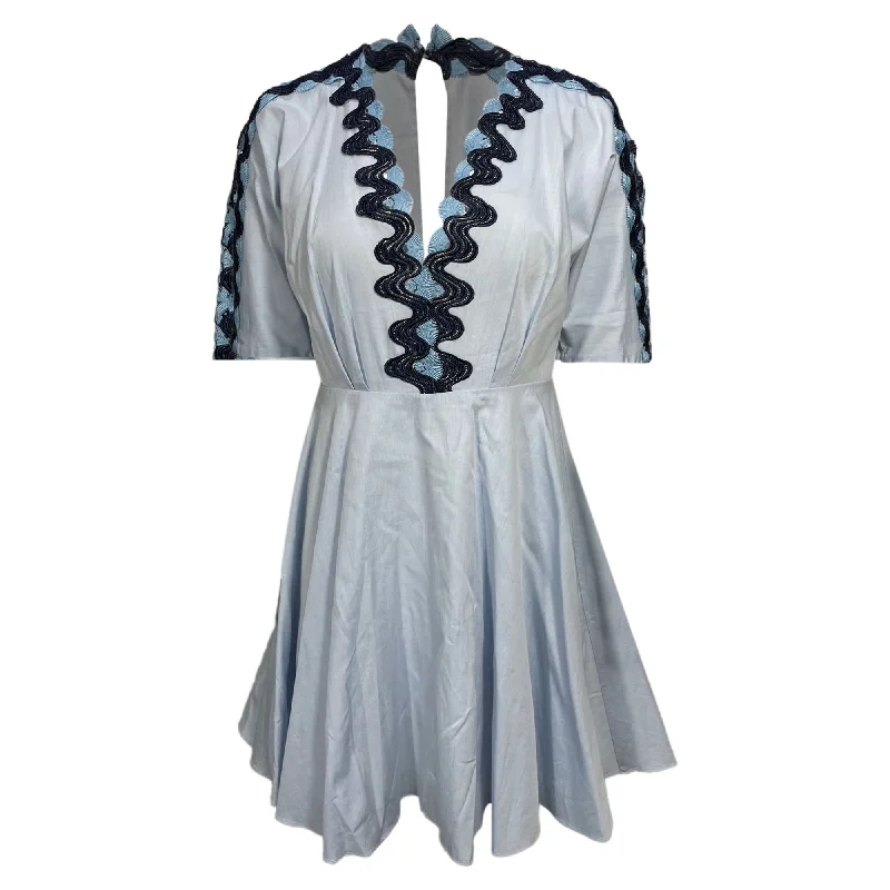 Sandro Embroidered Pleated Mini Dress Light Blue Cotton Fashionable Button-Front Mini Dress Sandro Embroidered Pleated Mini Dress Light Blue Cotton Fashionable Button-Front Mini Dress