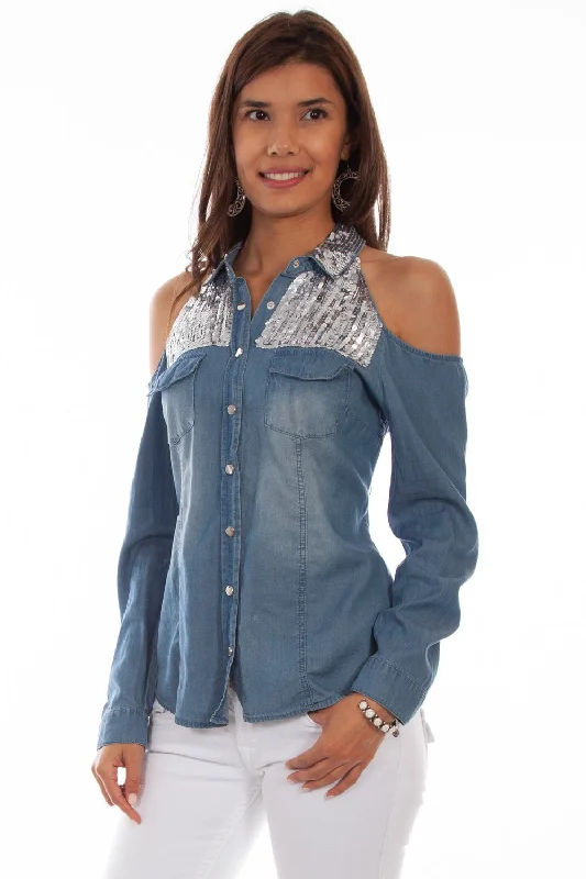 Scully Womens Denim 100% Cotton Open Shoulder L/S Shirt-- Collared Crew Neck Turtle Neck Scully Womens Denim 100% Cotton Open Shoulder L/S Shirt-- Collared Crew Neck Turtle Neck