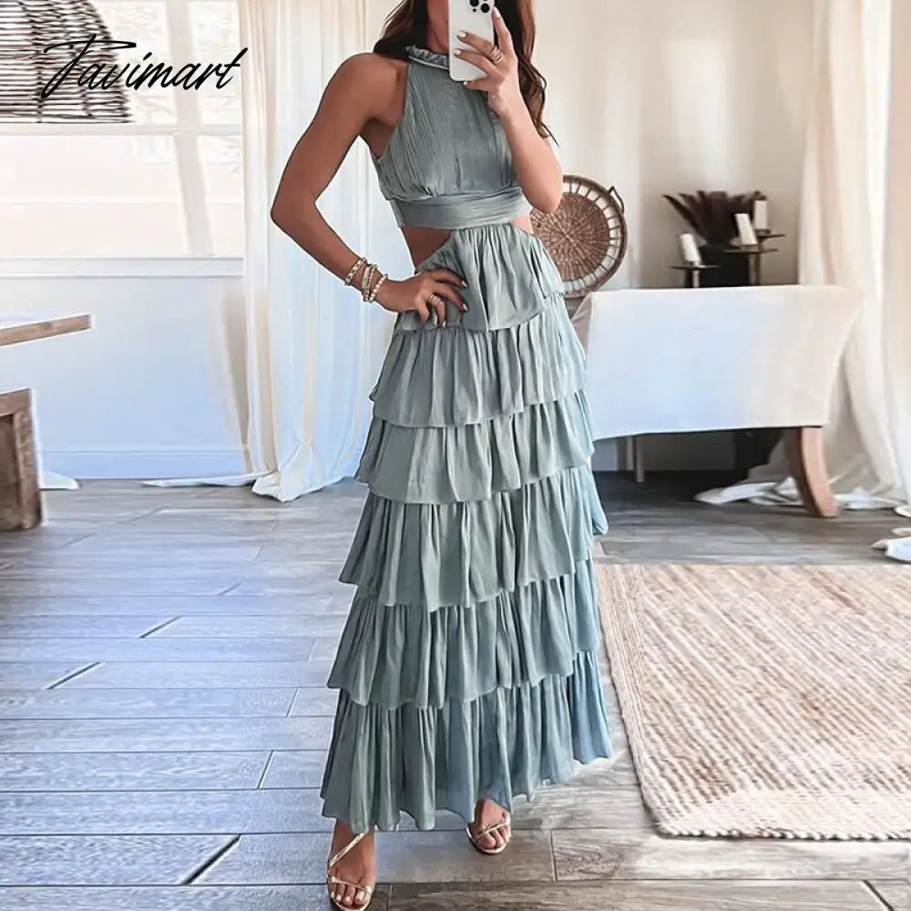 Tavimart Women Chic Sleeveless O-neck Party Dress Fashion Solid Formal Occasion Dress Sexy Lady Backless Hollow Layered Dresses Tunics Bridal satin Tavimart Women Chic Sleeveless O-neck Party Dress Fashion Solid Formal Occasion Dress Sexy Lady Backless Hollow Layered Dresses Tunics Bridal satin