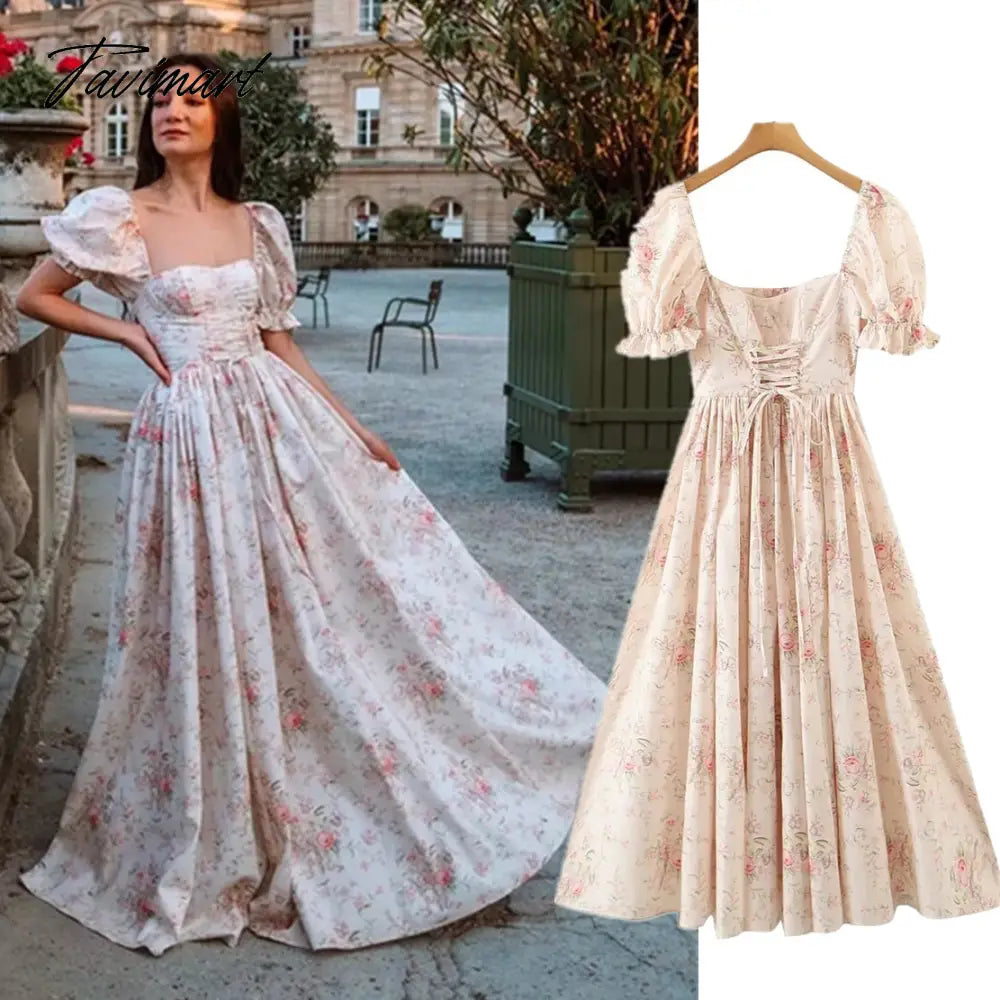 Tavimart French Style Indie Folk Retro Floral Print Dress Square Collar Fashion Party Dress Women Tunics Cozy soft Tavimart French Style Indie Folk Retro Floral Print Dress Square Collar Fashion Party Dress Women Tunics Cozy soft
