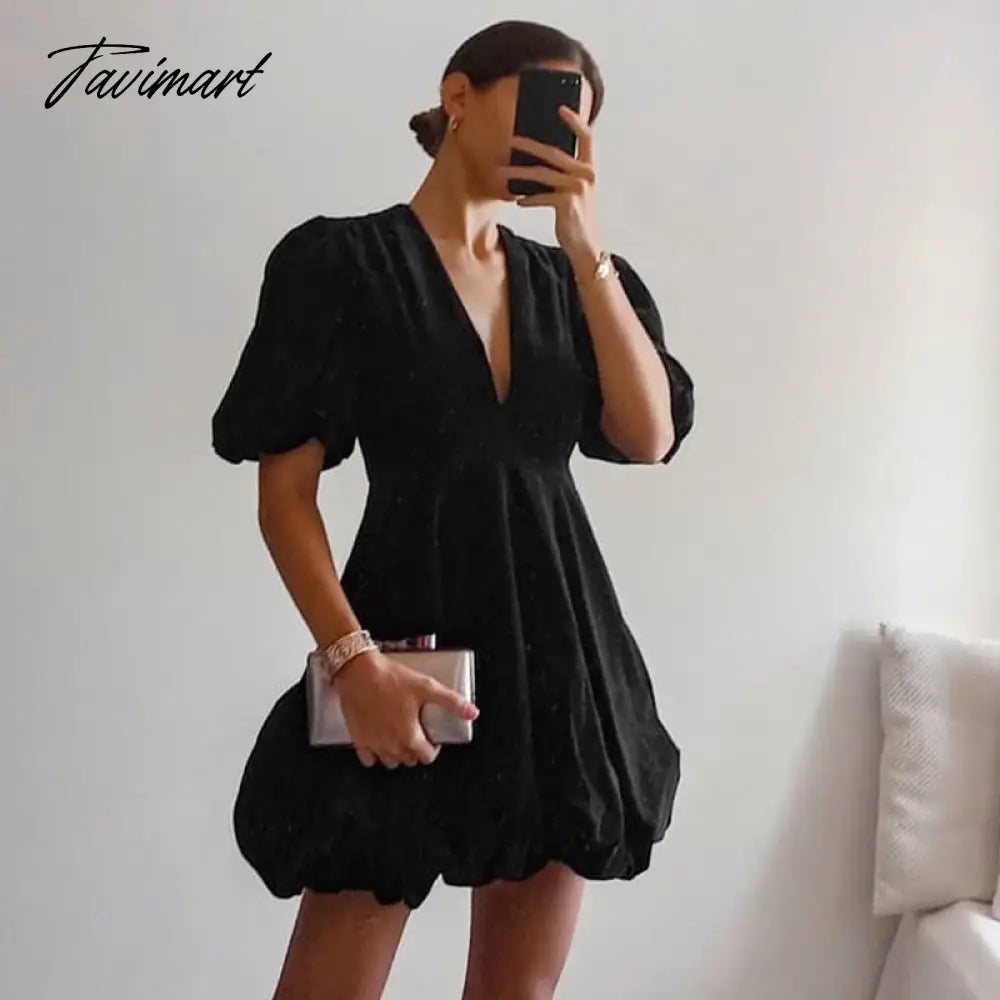 Tavimart Fashion Deep V Puff Sleeve Black Woman Dress Palace Wind Vintage Mini Dress Spring Elegant Party Dress Satin Halter Glamorous Tavimart Fashion Deep V Puff Sleeve Black Woman Dress Palace Wind Vintage Mini Dress Spring Elegant Party Dress Satin Halter Glamorous