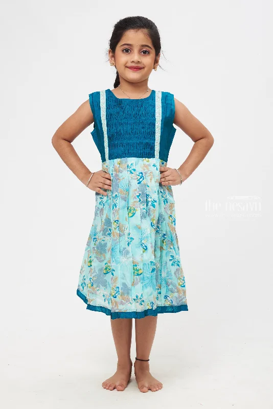Natures Beauty in Fabric : Enchanted Teal Floral Fusion Dress with Lace Trimmings Turtleneck Neckline Stylish Natures Beauty in Fabric : Enchanted Teal Floral Fusion Dress with Lace Trimmings Turtleneck Neckline Stylish