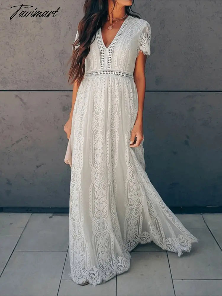 Tavimart Lace Floral Maxi Dress Women V Neck Elegant Party Dress Summer Short Sleeve White Fashion Long Dress Female Hollow Out Dress Tunics Wedding white Tavimart Lace Floral Maxi Dress Women V Neck Elegant Party Dress Summer Short Sleeve White Fashion Long Dress Female Hollow Out Dress Tunics Wedding white