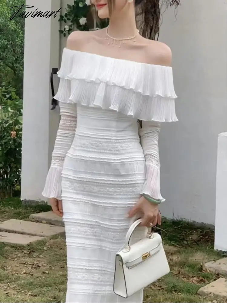 Tavimart New Fashion Runway Spring White Midi Dress Women's Sexy Off Shoulder Ruffle Elegant Holiday Party Dress Vestido Da Festa Tunics Lace romantic Tavimart New Fashion Runway Spring White Midi Dress Women's Sexy Off Shoulder Ruffle Elegant Holiday Party Dress Vestido Da Festa Tunics Lace romantic