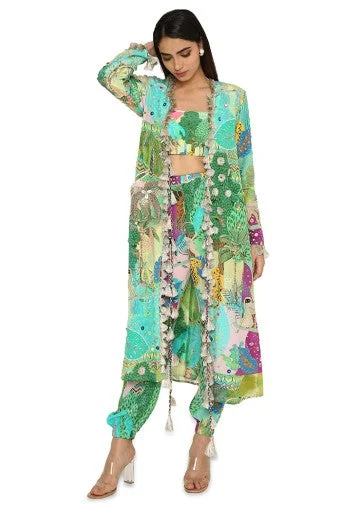 Insha Kuno Print Crepe Embroidered Jacket With Bustier And Jogger Pants Soft Sweatpants Style Insha Kuno Print Crepe Embroidered Jacket With Bustier And Jogger Pants Soft Sweatpants Style