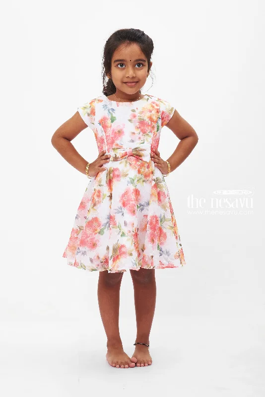 Summer Bloom Elegance Dress: Vibrant Floral Printed Frock for Girls with Bow Accent Crew Neckline Casual Summer Bloom Elegance Dress: Vibrant Floral Printed Frock for Girls with Bow Accent Crew Neckline Casual