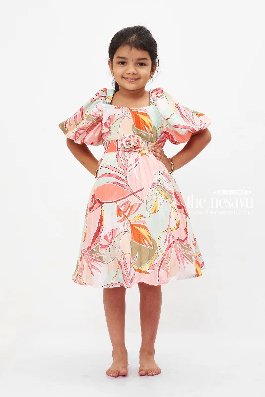 Tropical Sunset Puff Sleeve Dress: Girls' Colorful Botanical Print Frock with Rose Detail Off-the-shoulder Chic Trendy Tropical Sunset Puff Sleeve Dress: Girls' Colorful Botanical Print Frock with Rose Detail Off-the-shoulder Chic Trendy