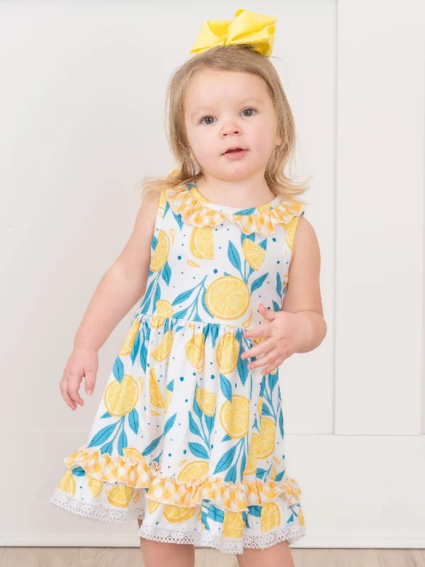 Lemons & Floral Lace Ruffle Dress Tunics Vintage classic