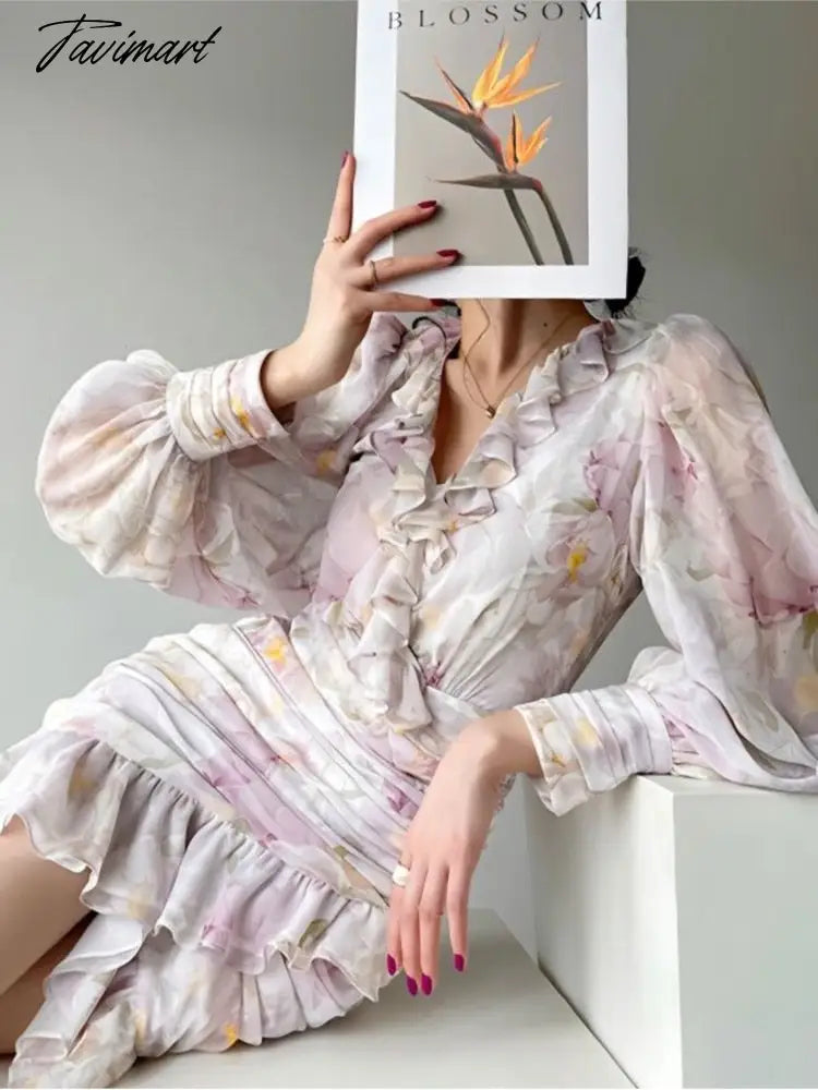 Tavimart V Neck Ruffles Party Dress Women Fashion Summer French Style Slim Long Sleeve Mini Dress Chic Elegant Print Vintage Dress Tunics Print Colorful Tavimart V Neck Ruffles Party Dress Women Fashion Summer French Style Slim Long Sleeve Mini Dress Chic Elegant Print Vintage Dress Tunics Print Colorful