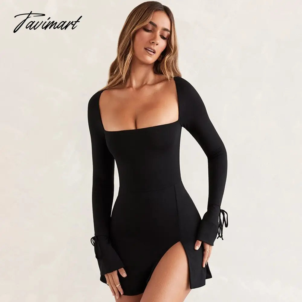 Tavimart Women'S Spring Autumn Elegant Square Neck Long Sleeve Short Dress Slim Package Hip High Waist Slit Dress Casual Sexy Party Dress Tunics Yoga stretchy Tavimart Women'S Spring Autumn Elegant Square Neck Long Sleeve Short Dress Slim Package Hip High Waist Slit Dress Casual Sexy Party Dress Tunics Yoga stretchy