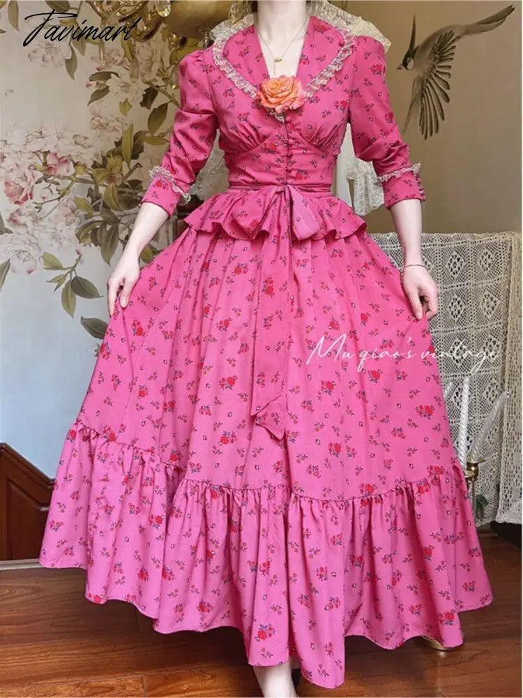 Tavimart Vintage Princess Pink Flower Long Dress Evening Gowns Spring Wedding Party Dresses Long Sleeve Print Floral Female Vestidos Tunics Plaid country Tavimart Vintage Princess Pink Flower Long Dress Evening Gowns Spring Wedding Party Dresses Long Sleeve Print Floral Female Vestidos Tunics Plaid country