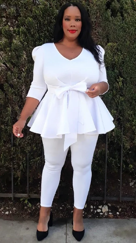 Plus Size 3/4 Sleeves Ruffled Hem Top and Pants Sets With Belt Comfortable Jogging Pants Plus Size 3/4 Sleeves Ruffled Hem Top and Pants Sets With Belt Comfortable Jogging Pants