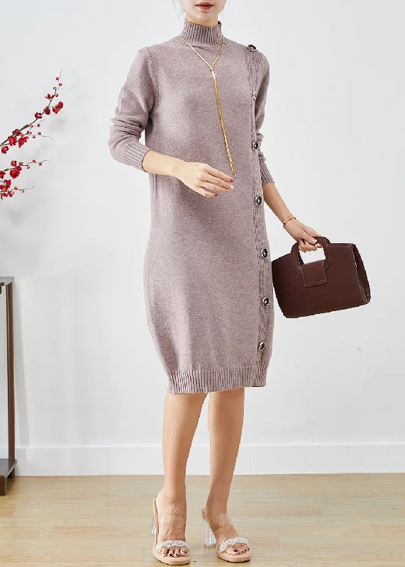Beautiful Light Purple High Neck Button Knit Dress Winter Tunics Chic elegant