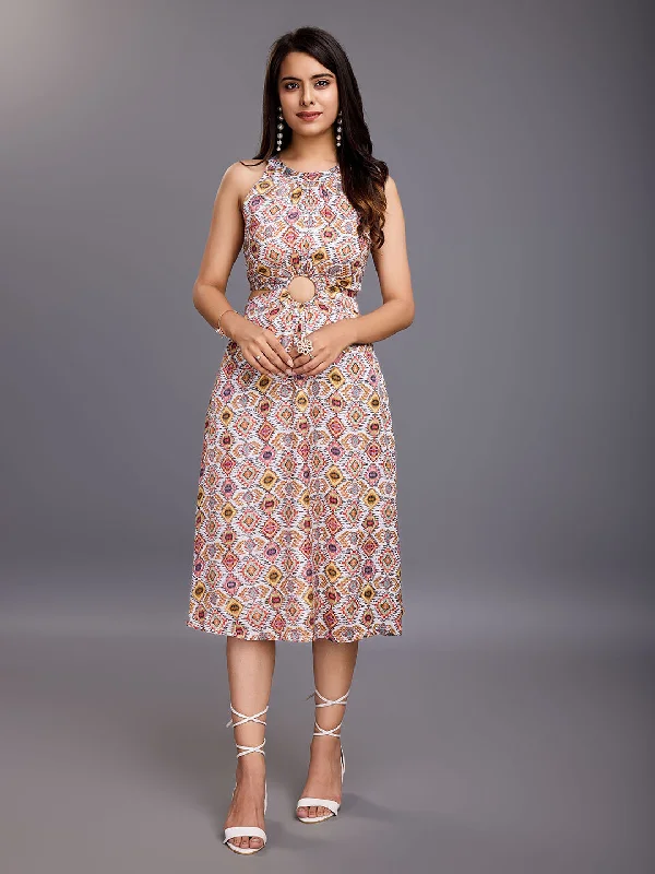 Women's Elegant Geometric Print Waist Cut Out Halter Neck Shantoon Jacquard Dress-Multicolour - Komarri Bodycon Club Sequined Women's Elegant Geometric Print Waist Cut Out Halter Neck Shantoon Jacquard Dress-Multicolour - Komarri Bodycon Club Sequined