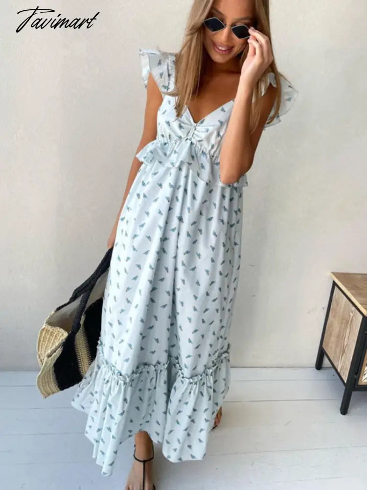 Tavimart Fashion Sweet Girls Summer V-neck Sleeveless High Waist Long Dress High Street Elegant Women's Printed Ruffles Party Dresses Tunics Cozy comfortable Tavimart Fashion Sweet Girls Summer V-neck Sleeveless High Waist Long Dress High Street Elegant Women's Printed Ruffles Party Dresses Tunics Cozy comfortable